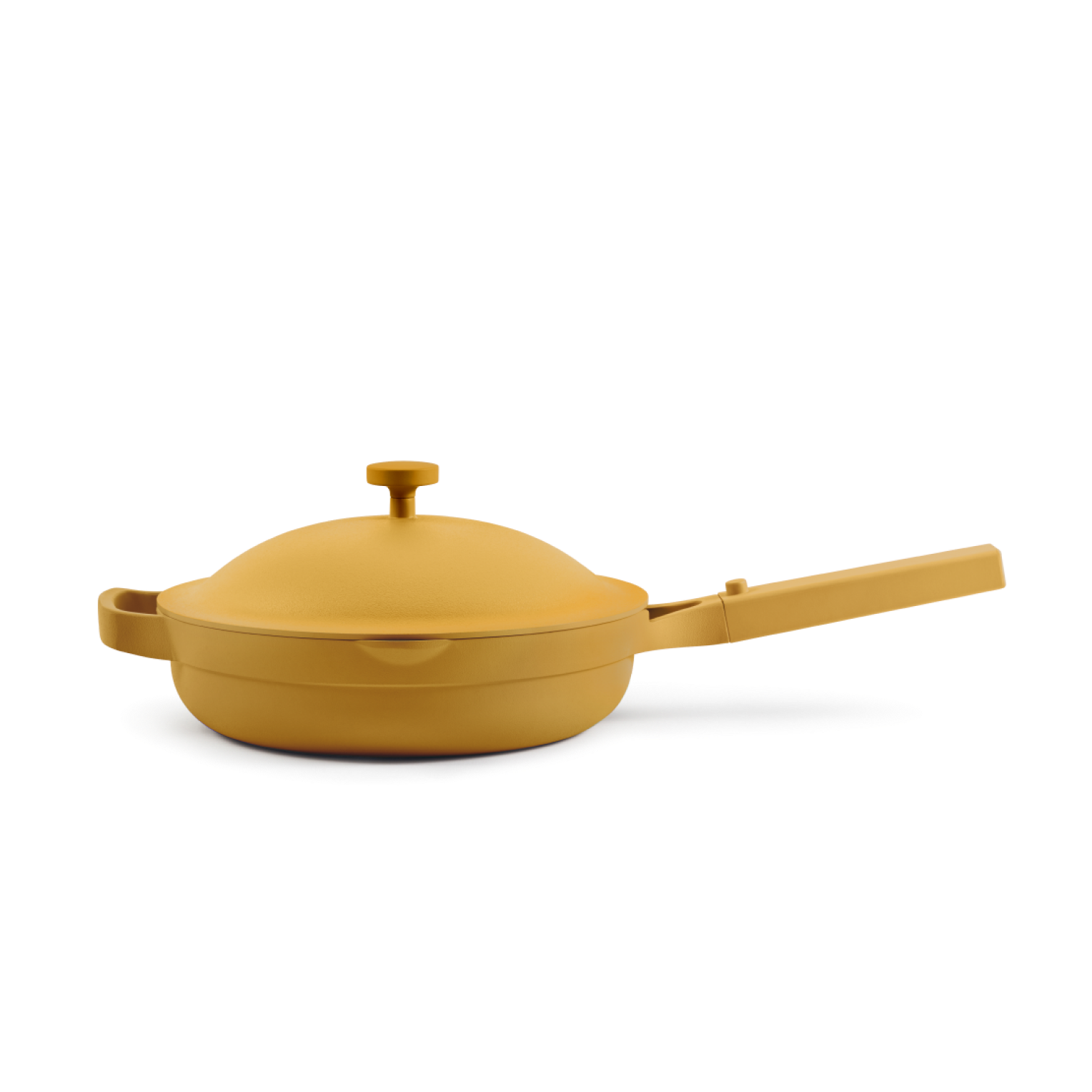 The Always Pan 2.0, a yellow nonstick frying pan with matching lid and long handle from a bestselling cookware line, is displayed against a plain white background.