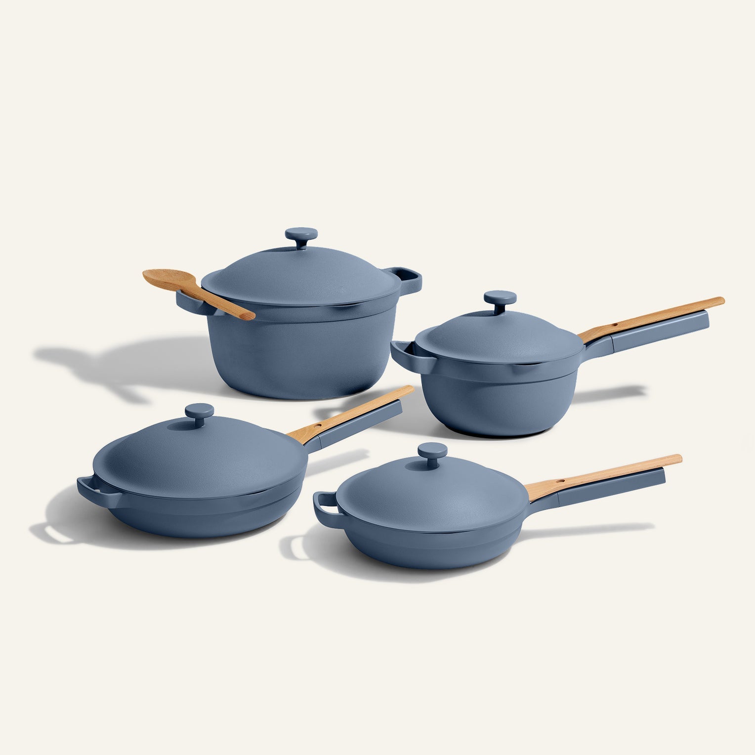 blue large cookware set - large always pan, perfect pot, mini perfect pot and ini always pan