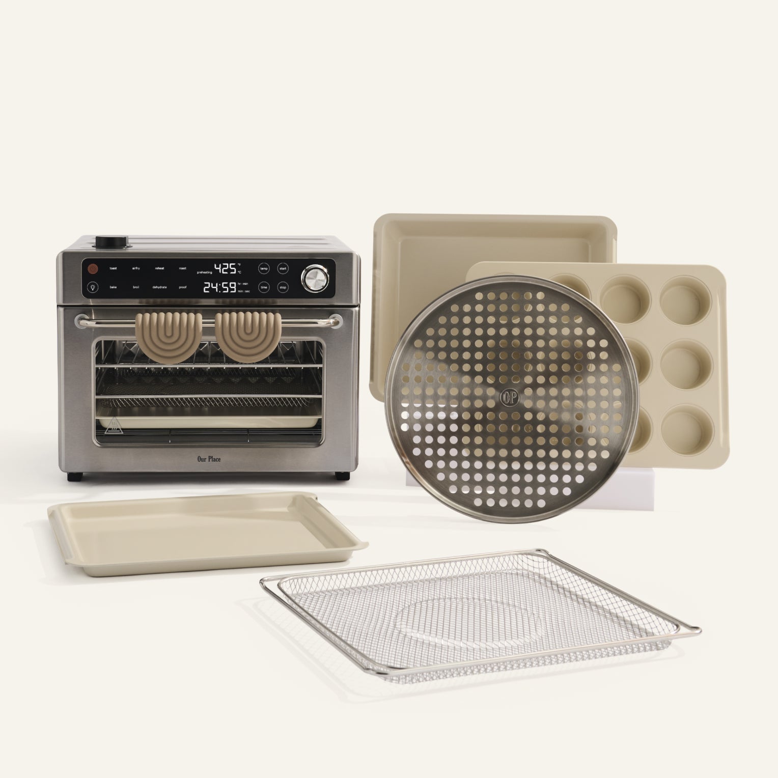  toaster oven with various accessories on a white background