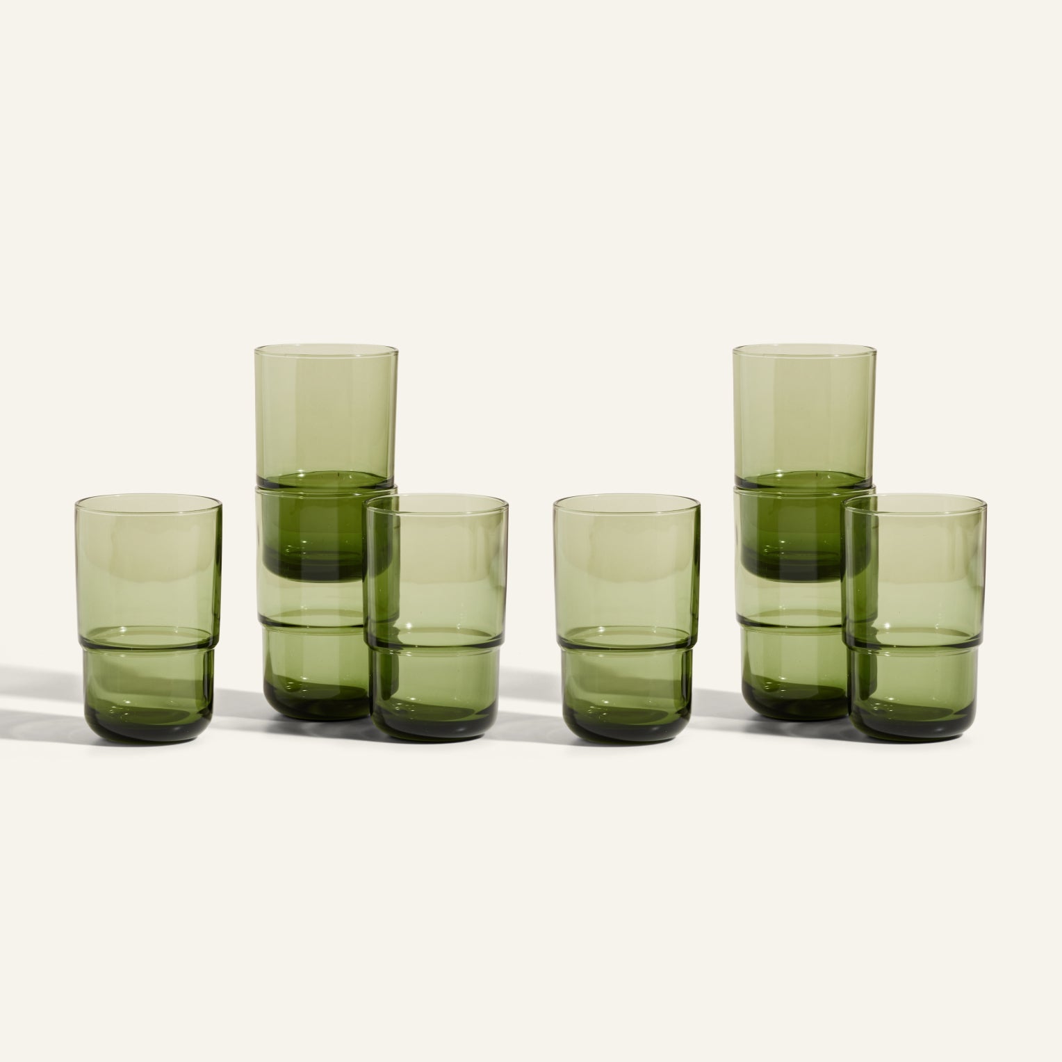 Six Tall Night + Day Glasses, each 16 oz and green glass, are stacked in two rows of three pairs against a plain light background.