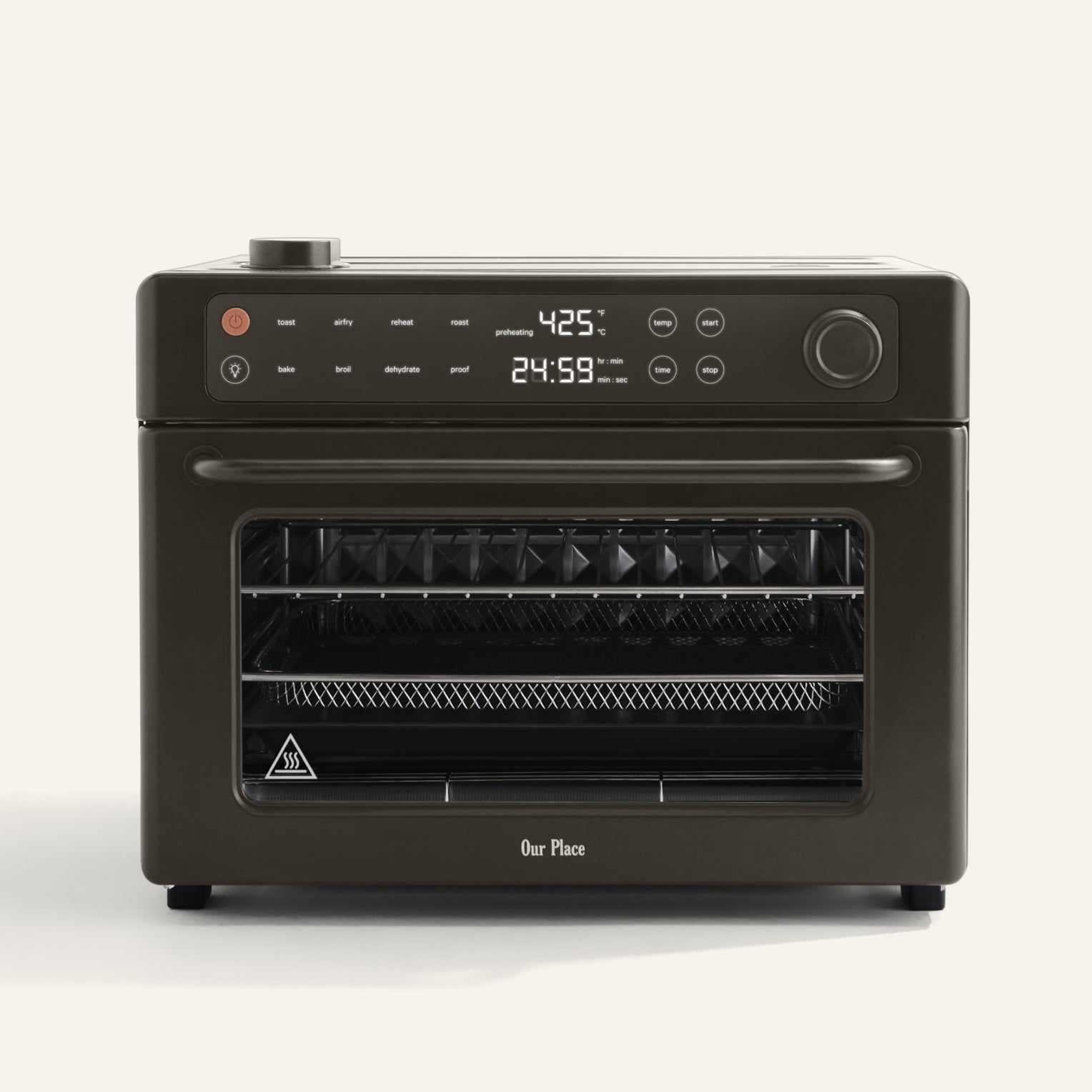 Black oven with digital display on a white background