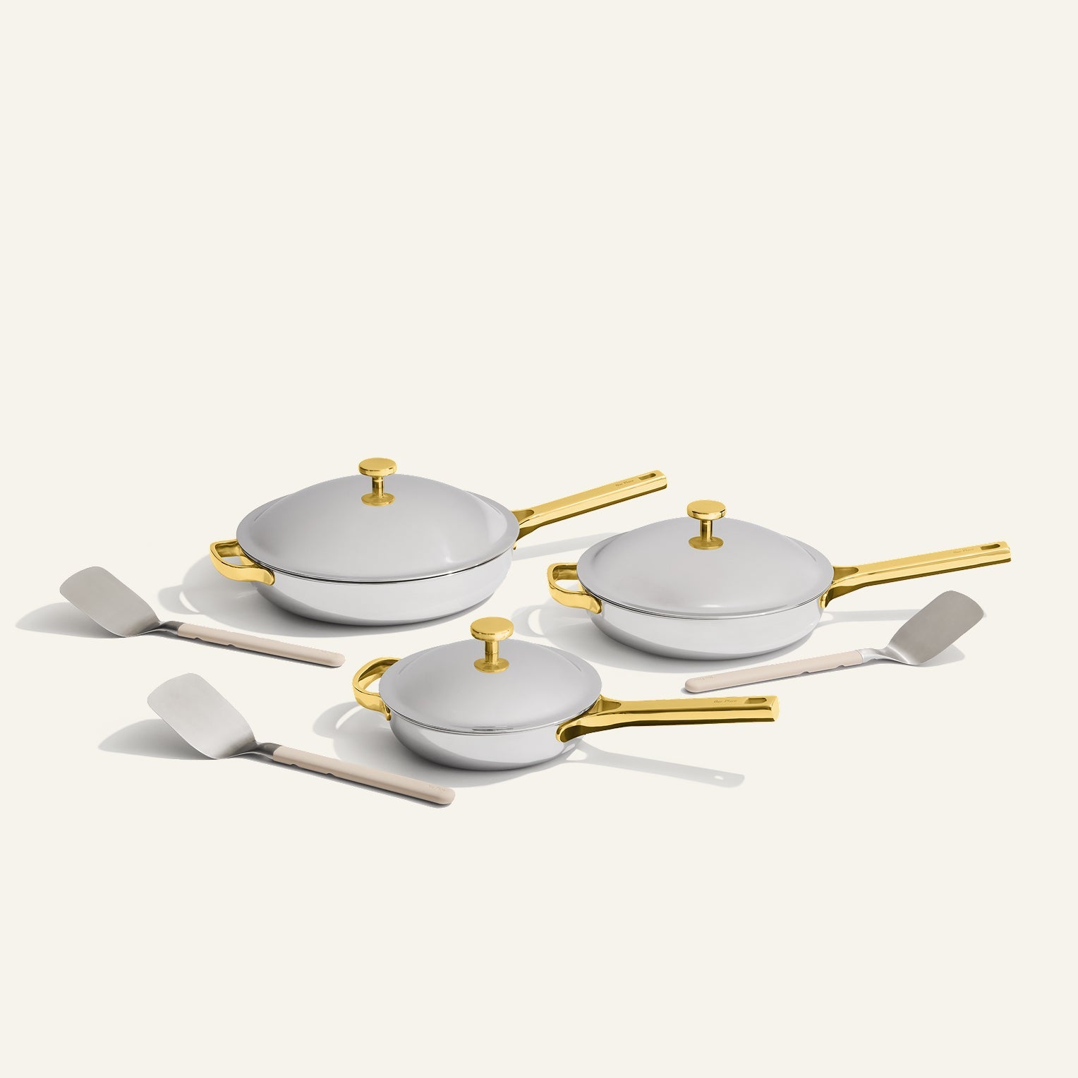 gold titanium large always pan pro, always pan pro and mini always pan pro with stainless steel spatulas